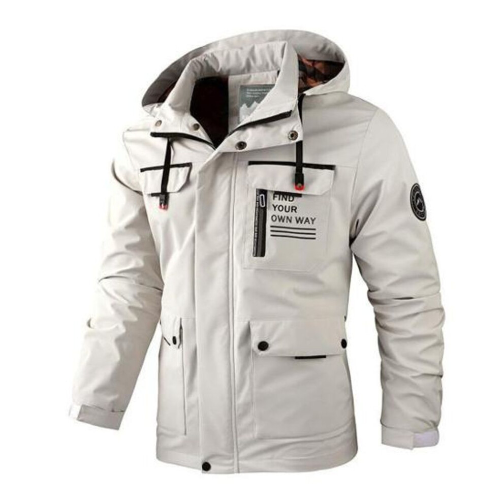 (white, XL) Men Zipper Buttons Placket Casual Windbreaker Jacket Lapel Hooded Long Sleeve Multi Pockets Design Waterproof Outdoor Soft Shell Winter Coat