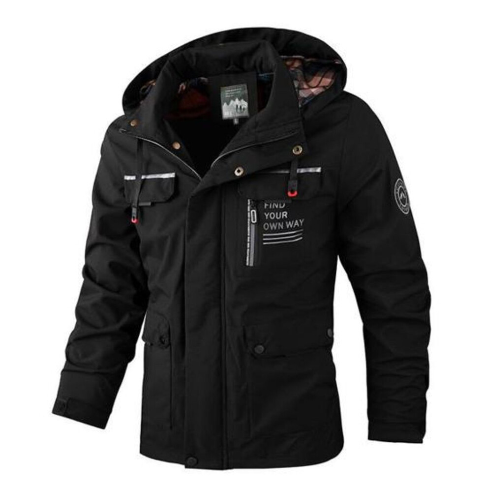 (black, XL) Men Zipper Buttons Placket Casual Windbreaker Jacket Lapel Hooded Long Sleeve Multi Pockets Design Waterproof Outdoor Soft Shell Winter Coat