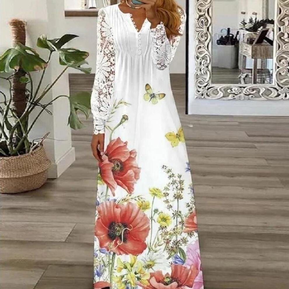 (orion, 4XL) Elegant Hook Flower Hollow Lace Dress Women Spring Summer Fashion Lace-up Long Dress Woman Casual Long Sleeve White Dresses 24816