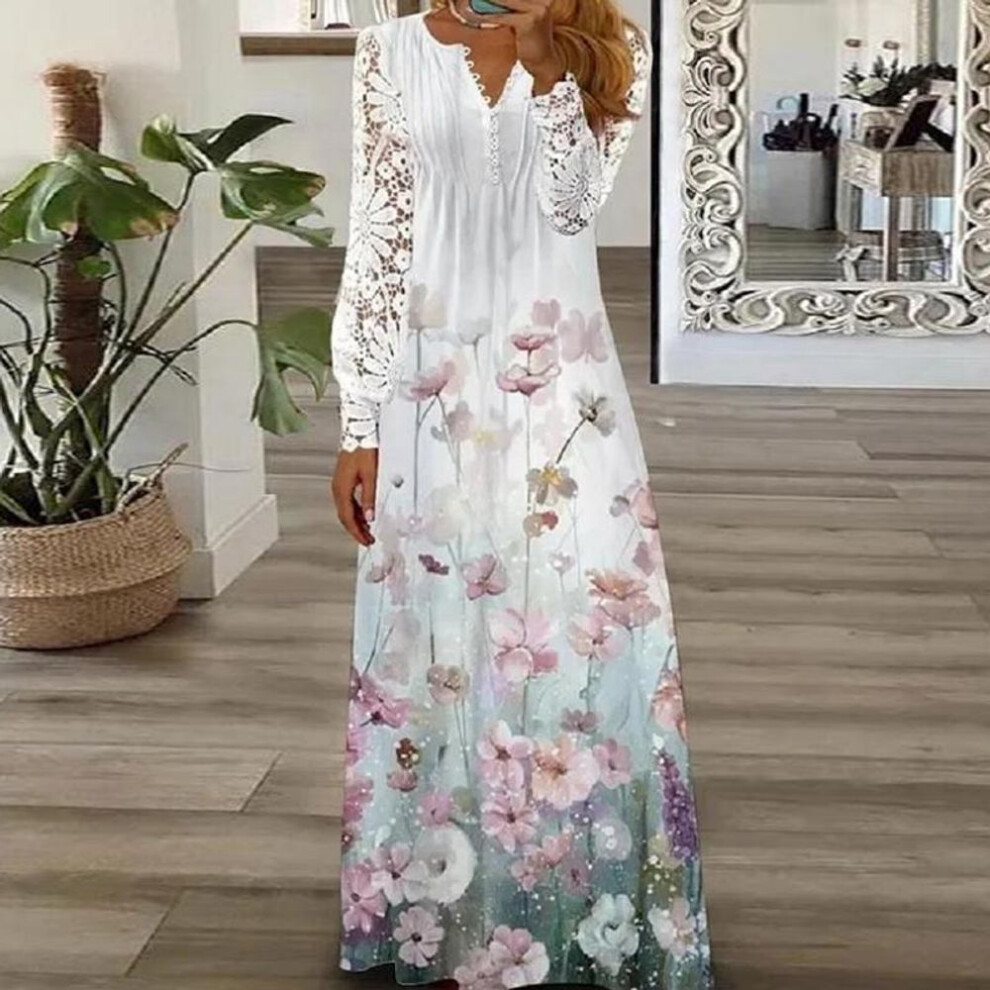 (floral, XXXL) Elegant Hook Flower Hollow Lace Dress Women Spring Summer Fashion Lace-up Long Dress Woman Casual Long Sleeve White Dresses 24816