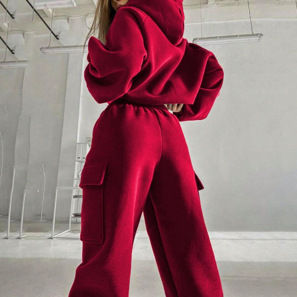 (red, L) Women Solid Color Long Sleeve Hoodies O Neck Sweater Suit Autumn Winter Loose Top Wide Leg Pants