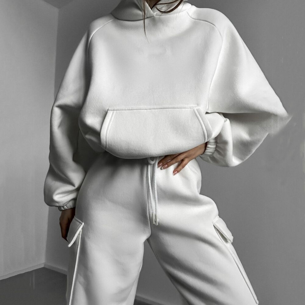 (white, M) Women Solid Color Long Sleeve Hoodies O Neck Sweater Suit Autumn Winter Loose Top Wide Leg Pants