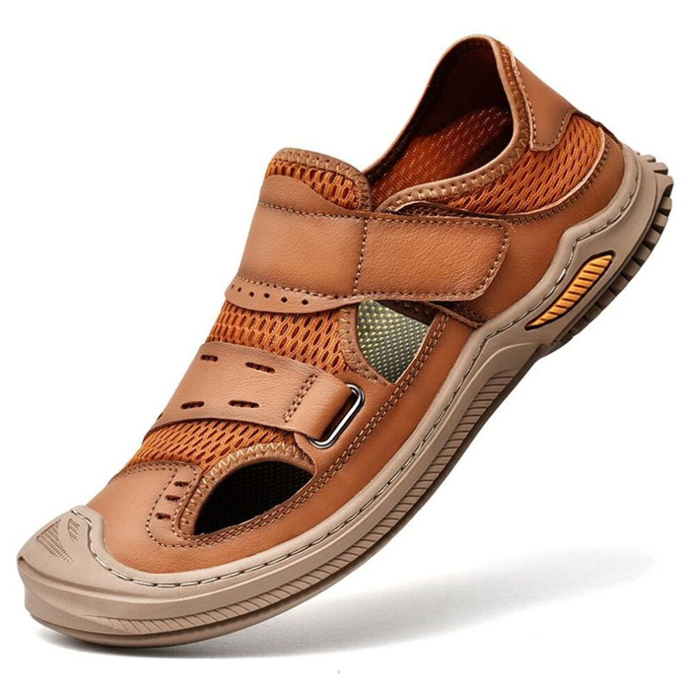 (brown, 38) Hand-stitched Summer Men Sandals Breathable Outdoor Men Beach Sandals