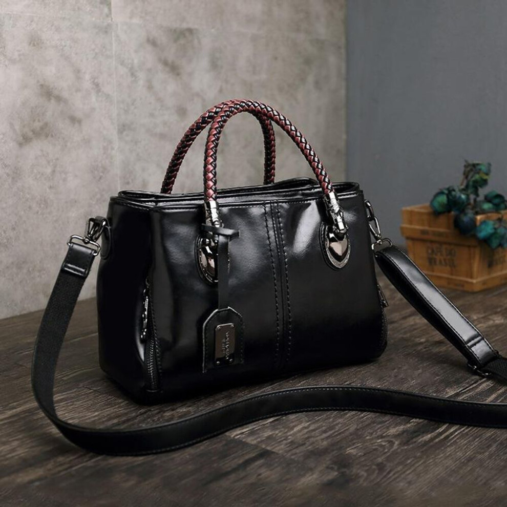 (black) Hand-woven Top-Handle Bag Large Capacity Leather Handbags Stone Pattern Crossbody Shoulder Bags For Women