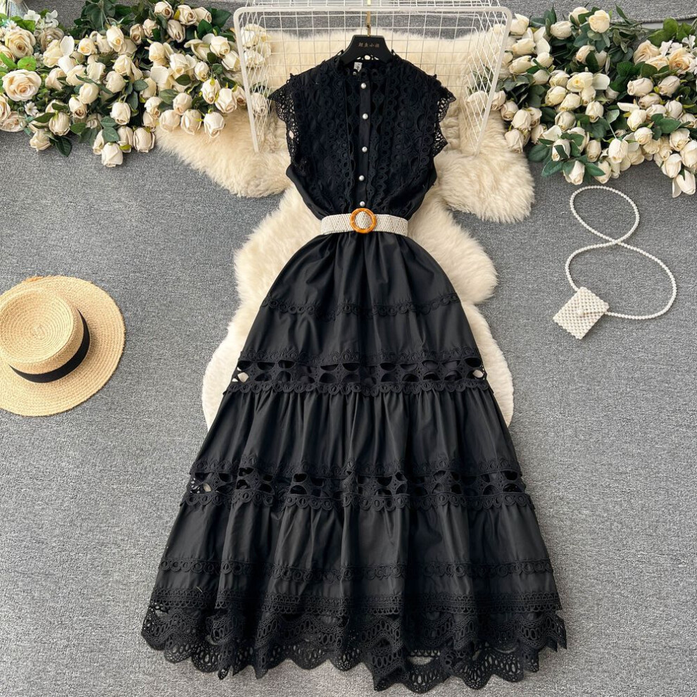 (black, M) Summer French Vintage Long Maxi Holiday Dress Hollow Out Embroidery Lace High Quality Women Court Party Dresses