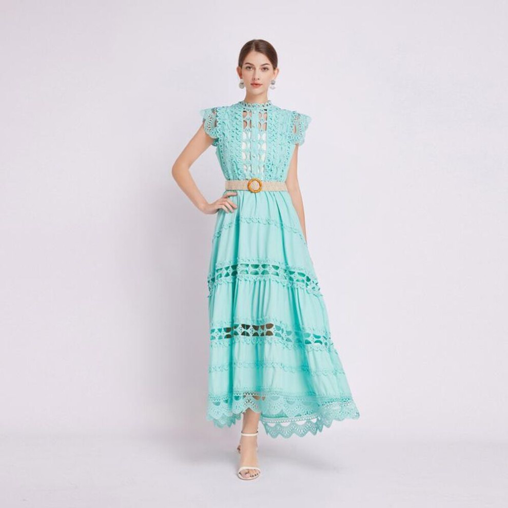 (green, XL) Summer French Vintage Long Maxi Holiday Dress Hollow Out Embroidery Lace High Quality Women Court Party Dresses