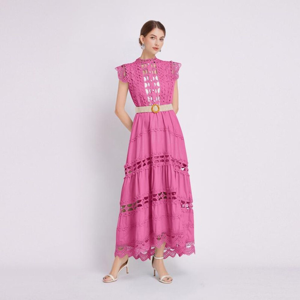 (pink, XL) Summer French Vintage Long Maxi Holiday Dress Hollow Out Embroidery Lace High Quality Women Court Party Dresses