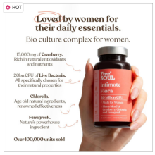 Intimate Flora for Women | 20 Billion CFU Fortified with 15,000mg Cranberry, Bio Cultures for Women's Intimate Flora | 60 Capsules | Free Soul