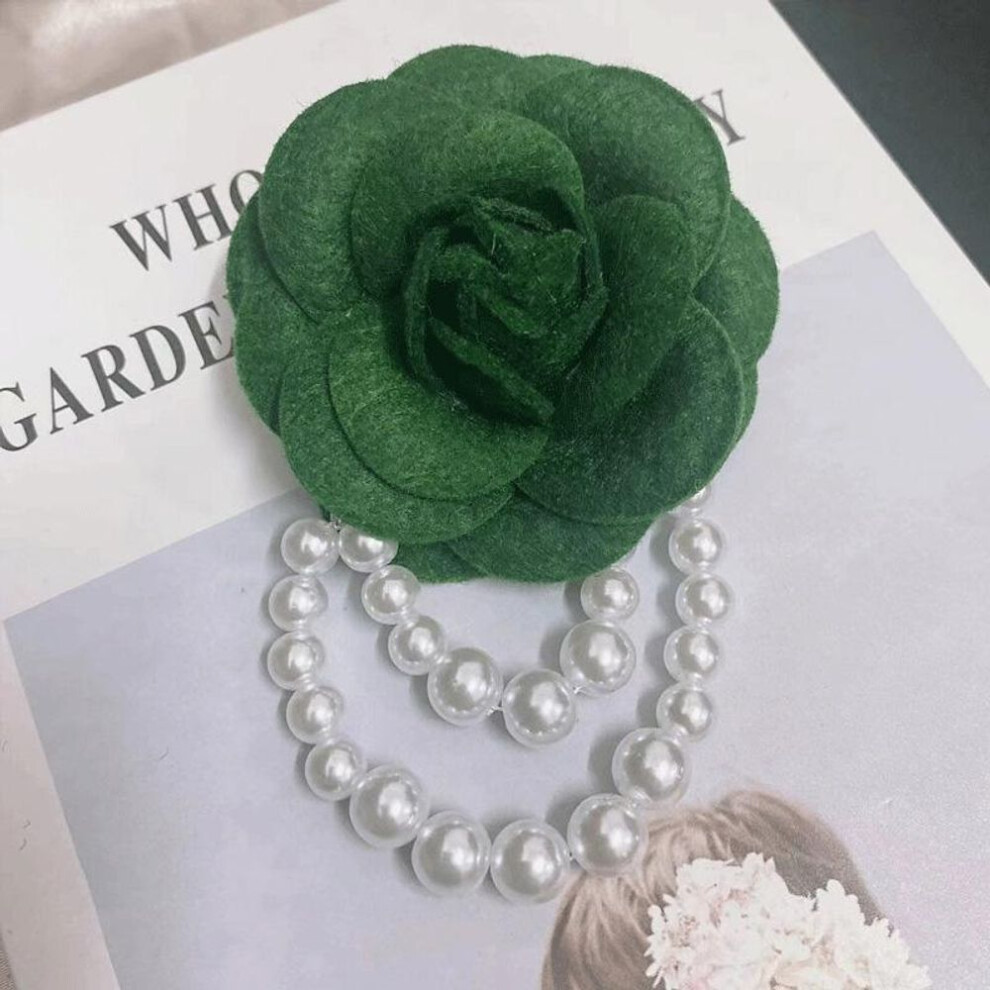 (green) 1PC Jewelry Gift Brooch Pin Pearl Tassel Vintage Camellia Flower Fabric Corsage Women&apos;s