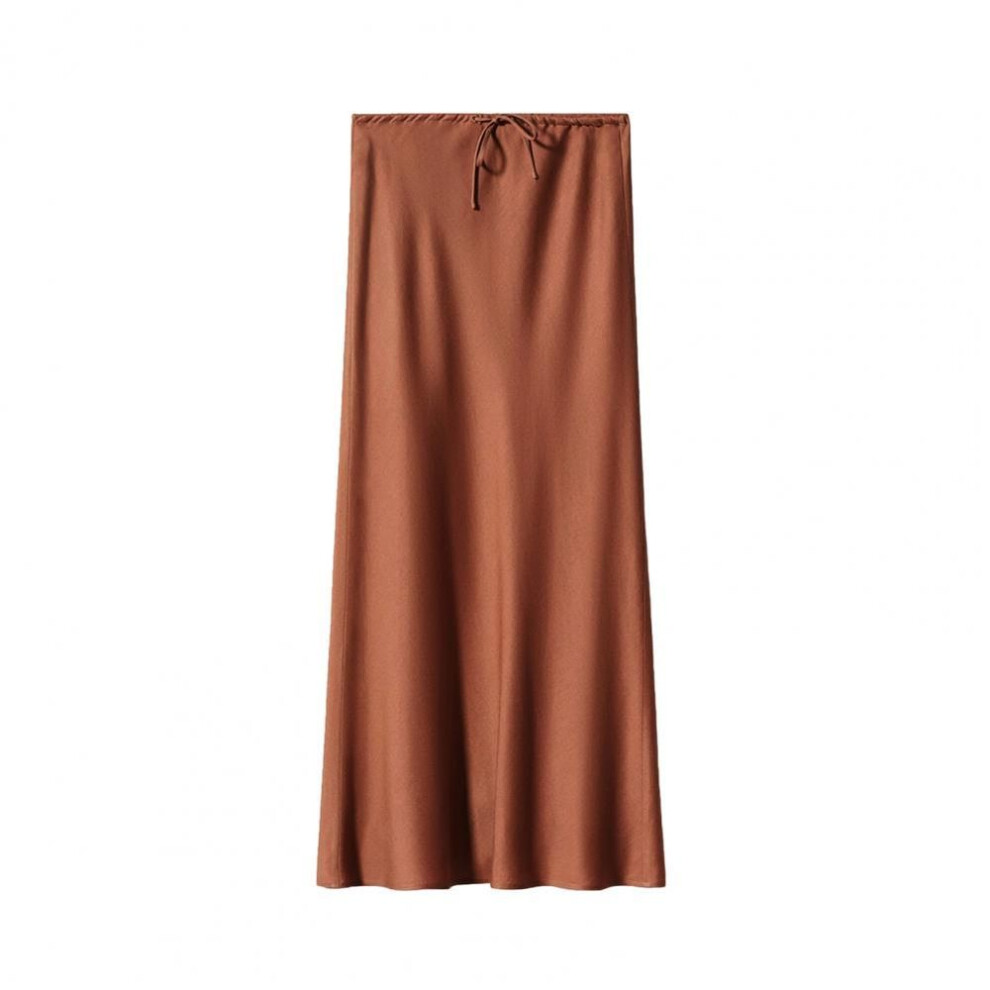 (brown, S) Summer Fall Women&apos;s Drawstring Hip Sheath Dress Elegant Silk Satin High Waist Floor-length Skirt Elastic Ankle Length Line A