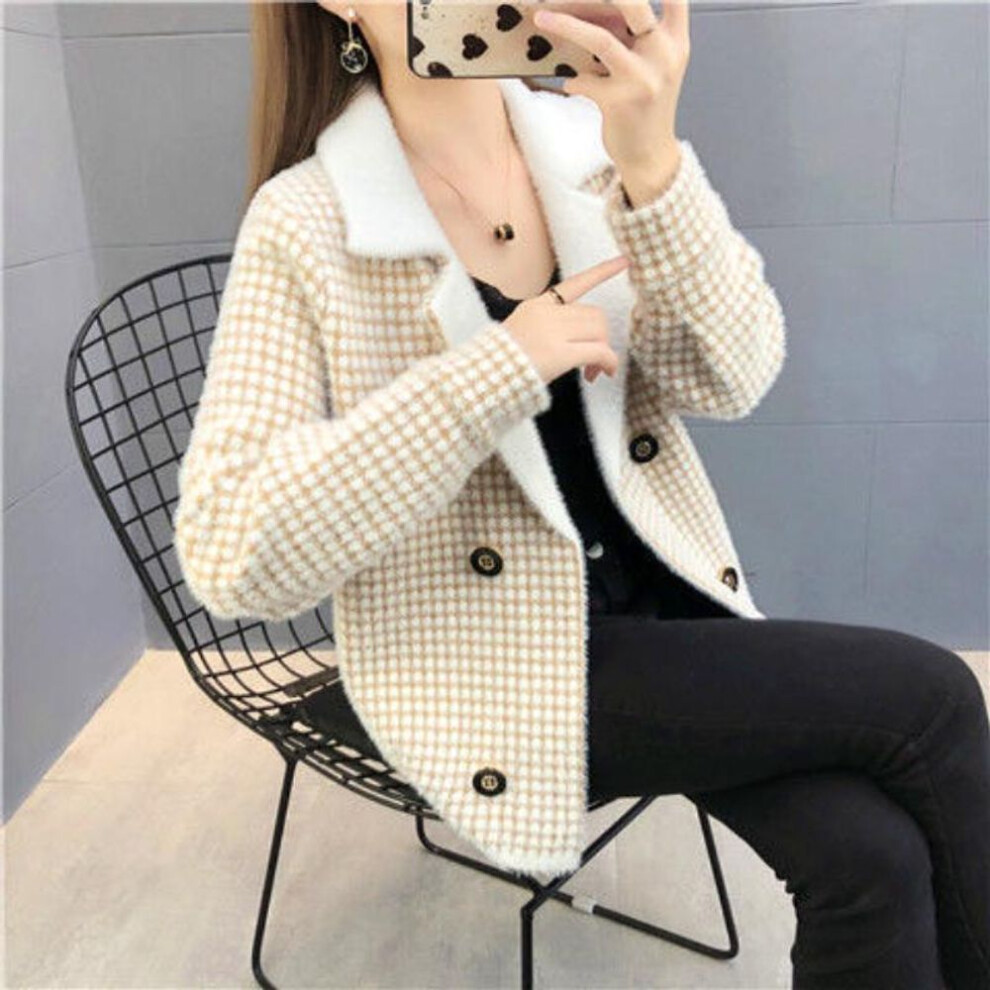 (as the picture, XL) Cashmere Knitted Cardigan Coat Small Double Breasted Plaid Short Coat New Height and Thickness