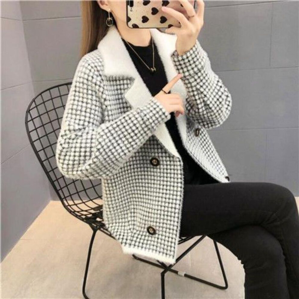 (black, XXL) Cashmere Knitted Cardigan Coat Small Double Breasted Plaid Short Coat New Height and Thickness