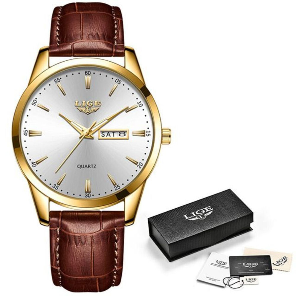 (Gold White) LIGE Top Brand Watch Men Leather Business Date Clock Waterproof Luminous Watches Mens Luxury Sport Waterproof Quartz Wrist Watch
