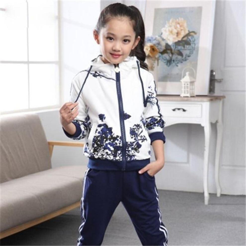 (navy blue, 110) Clothing Set Girls Clothes Jacket Floral Zipper Kids Hoodies Pants Kids Tracksuit Sport Suit