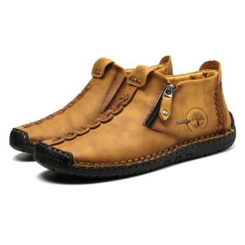 (gold,yellow, 42) Mens Genuine Leather  Boots Fashion Zipper Shoes Leather Men Ankle Boots