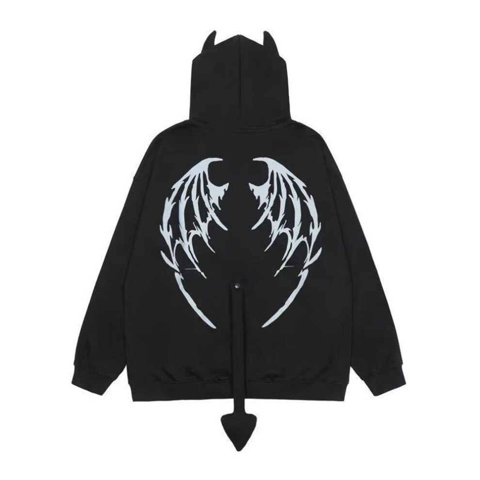 (black, M) Autumn Harajuku Hoodies Women Gothic Punk Devil Horn Hooded Sweatshirt Halloween Couple Matching Detachable Tail Zip-Up Outwear