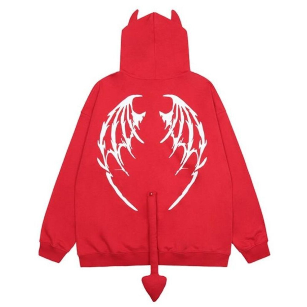 (red, L) Autumn Harajuku Hoodies Women Gothic Punk Devil Horn Hooded Sweatshirt Halloween Couple Matching Detachable Tail Zip-Up Outwear