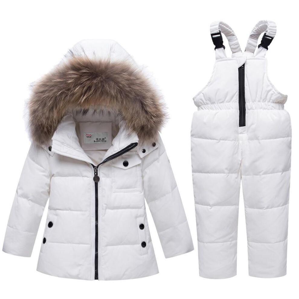 (white, 100(3T)) 2pcs Set  Baby Girls Boys Winter Hooded Snowsuit Puffer Down Jacket With Snow Ski Bib Pants 2-Piece Set 2024 Black Pink Red 1-5Years