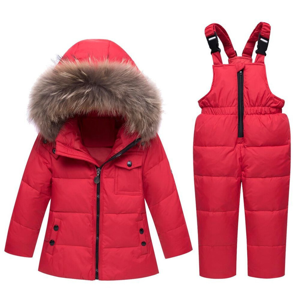 (red, 90(1-2T)) 2pcs Set  Baby Girls Boys Winter Hooded Snowsuit Puffer Down Jacket With Snow Ski Bib Pants 2-Piece Set 2024 Black Pink Red 1-5Years