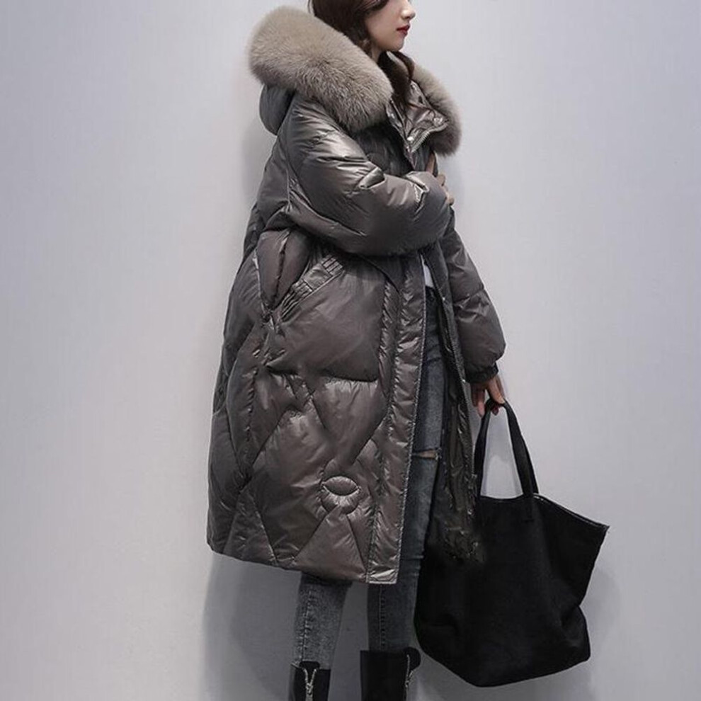 (grey, XL) Women&apos;s Down Cotton Jacket Medium-length Thickened Coat Oversize Warm Large Fur Collar Outerwear Winter