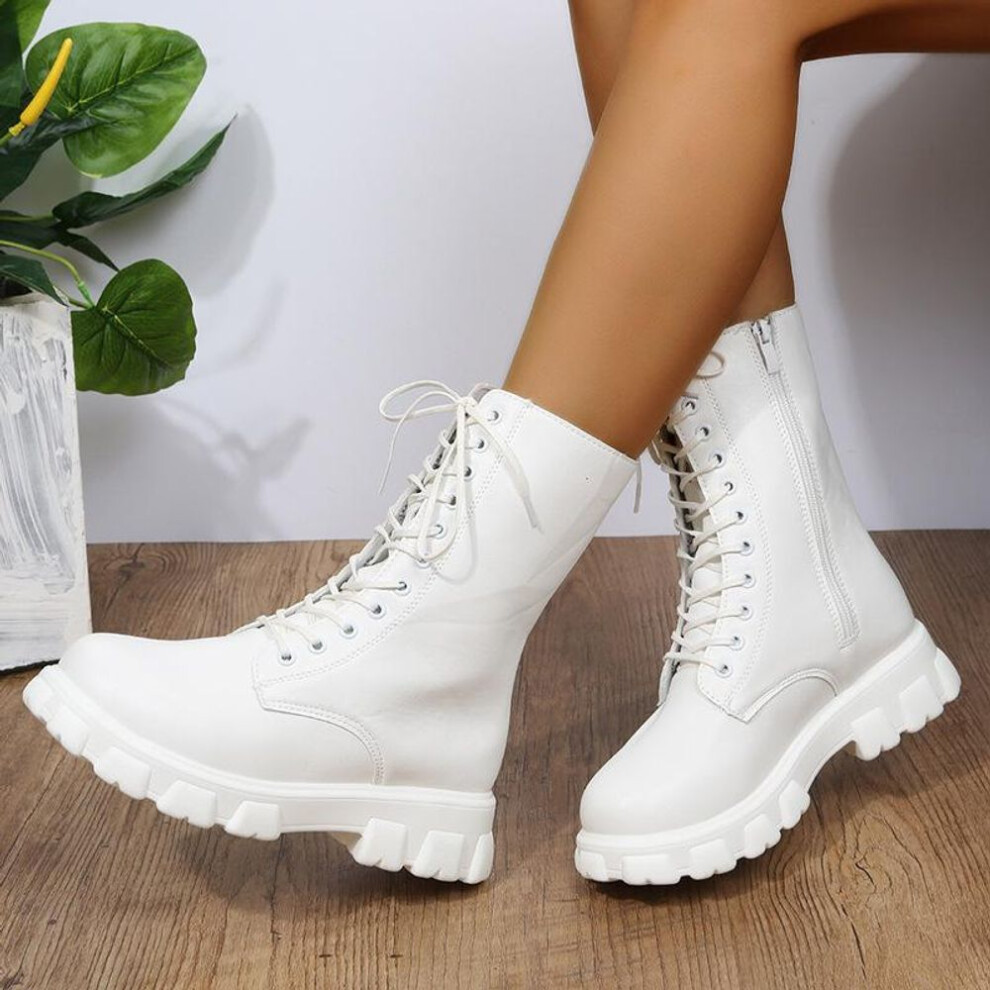 (white, 42) 2024  Autumn and Winter New Korean Style Martin Boots for Women, Round Thick-soled Fashion Boots, British Style Motorcycle Boots for Women