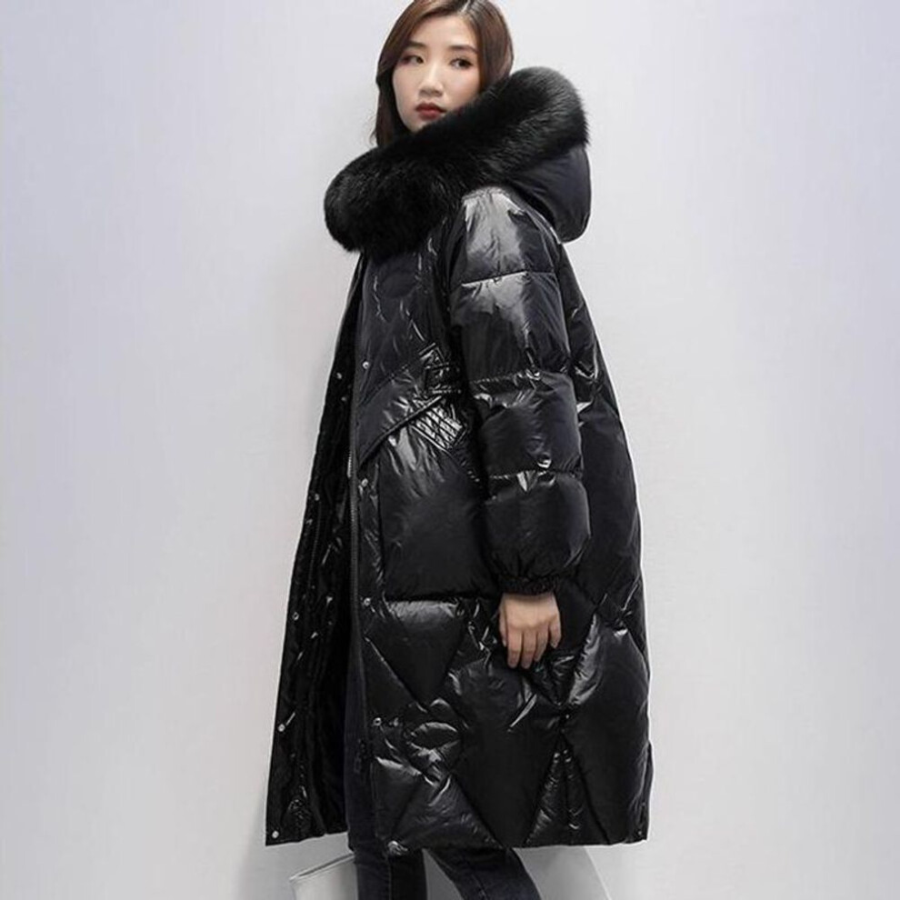 (black, M) Women&apos;s Down Cotton Jacket Medium-length Thickened Coat Oversize Warm Large Fur Collar Outerwear Winter