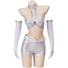 (XX-Large, Silver) International Man of Mystery Cosplay Costume Women's Sexy Robot Lingerie Set Metallic Bra Top and Shorts Outfit
