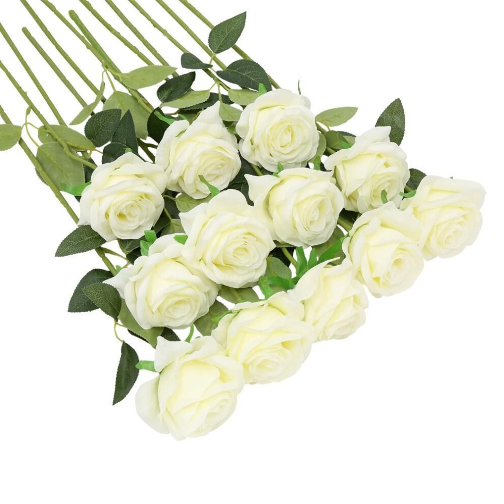 (white) 12 Pcs Artificial Silk Rose Flower Fake Flowers for Wedding Bouquet Party Home Decorations