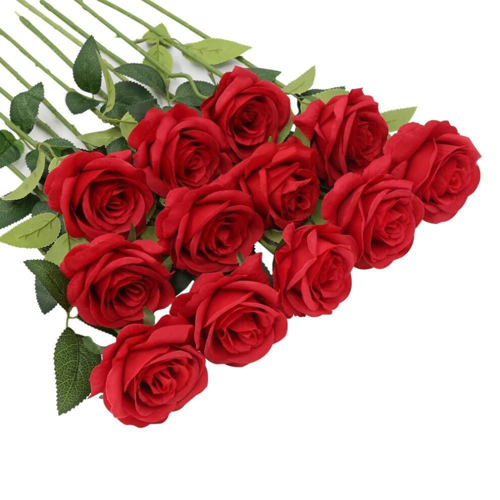 (red) 12 Pcs Artificial Silk Rose Flower Fake Flowers for Wedding Bouquet Party Home Decorations