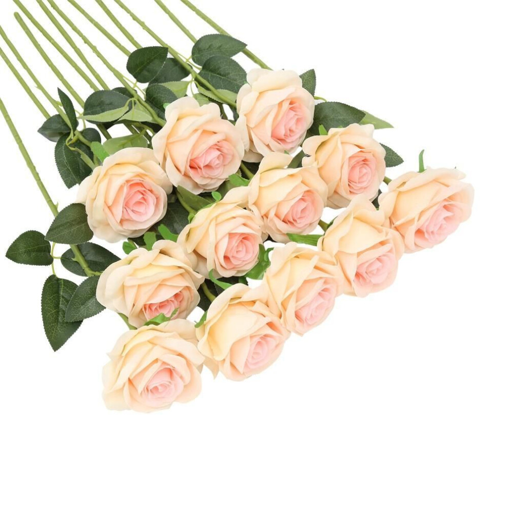 (light pink) 12 Pcs Artificial Silk Rose Flower Fake Flowers for Wedding Bouquet Party Home Decorations