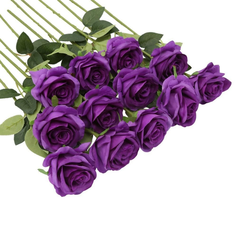 (purple) 12 Pcs Artificial Silk Rose Flower Fake Flowers for Wedding Bouquet Party Home Decorations