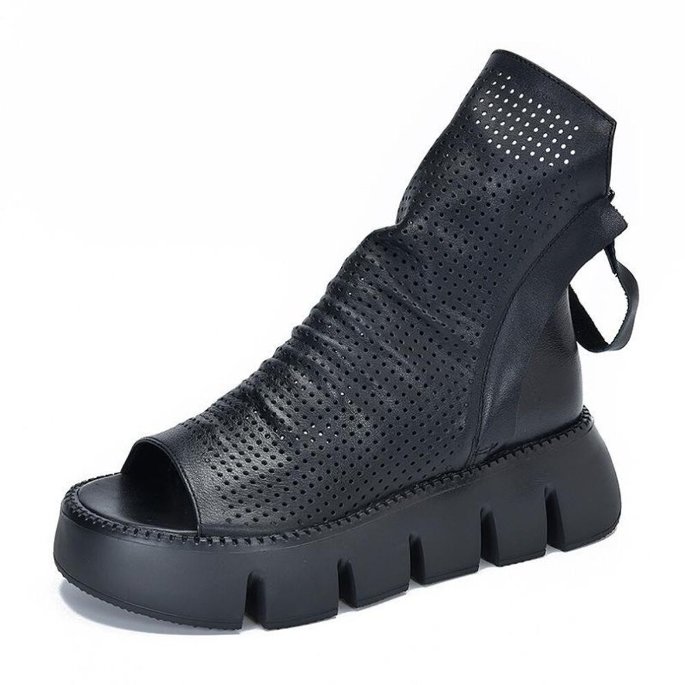 (black, 40) Johnature Fashion Thick Soled Platform Shoes Genuine Leather Women Peep Toe Sandals Hollow Out Boots
