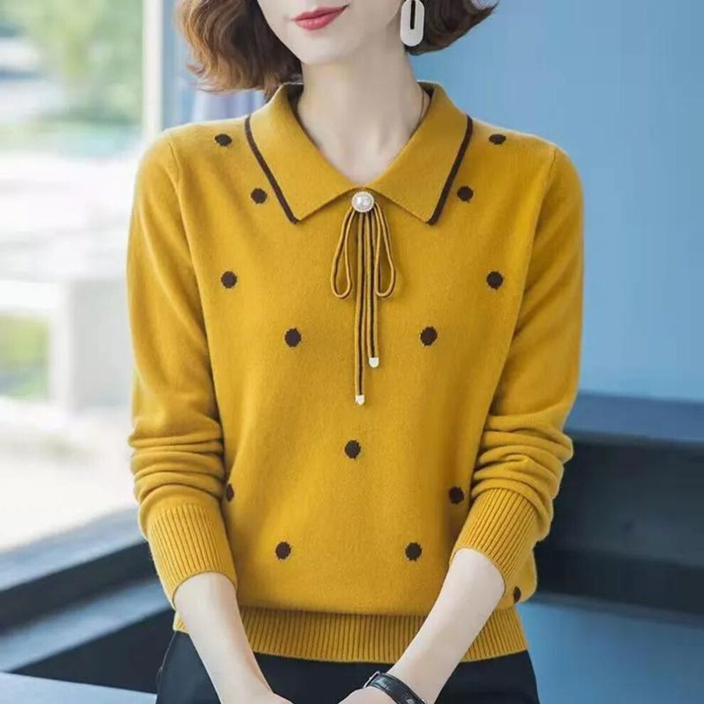 (yellow, L) FiveFive Fashion Women Long Sleeve Knitwear Jacket Base Shirt Solid Color Pullover Relaxed Fit Lapel Leisure Sweater