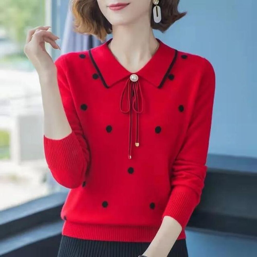 (red, XL) FiveFive Fashion Women Long Sleeve Knitwear Jacket Base Shirt Solid Color Pullover Relaxed Fit Lapel Leisure Sweater