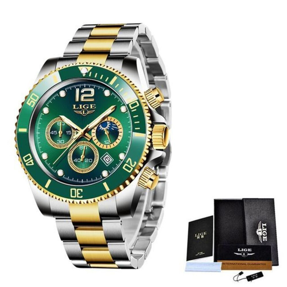 (Gold Green) LIGE  Mens Watches Top Brand Luxury Clock Casual Stainless Steel 24 Hour Moon Phase Men Watch Sport Waterproof Quartz Chronograph