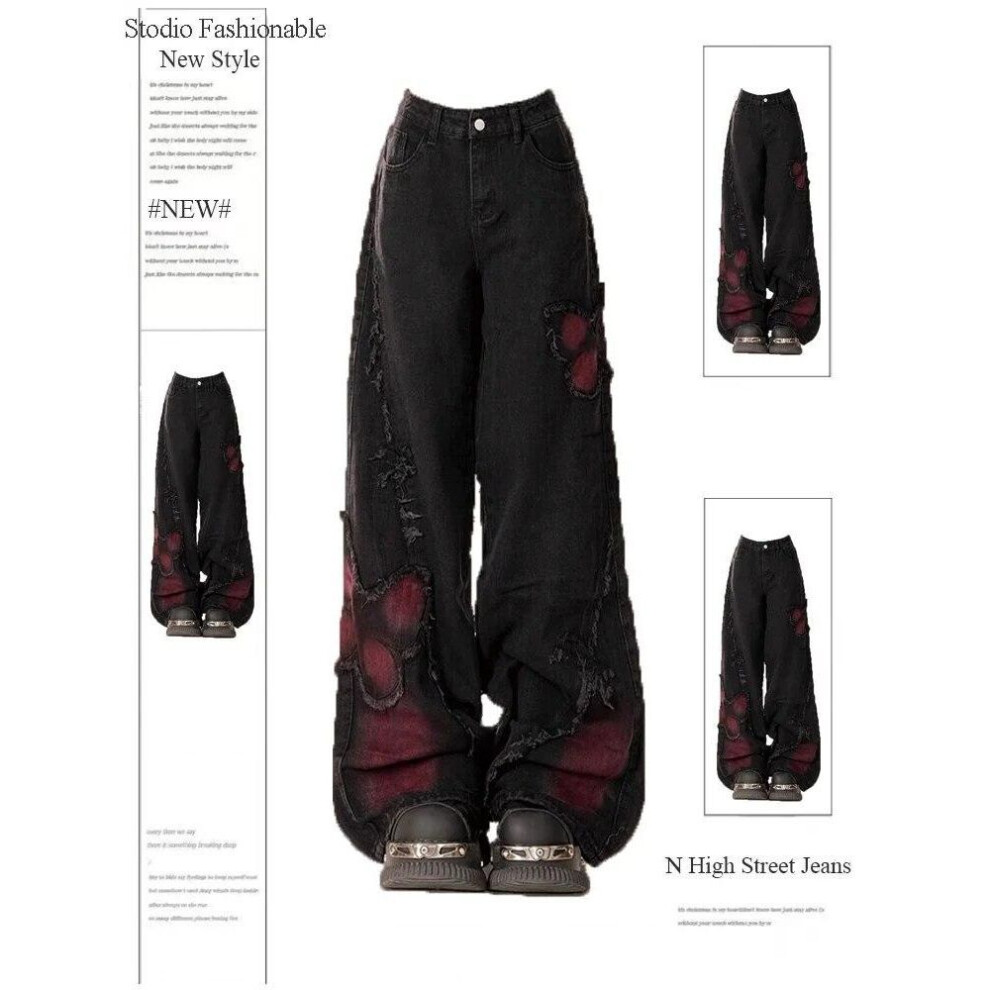 (black, XL) Women&apos;s Black Gothic Baggy Jeans Harajuku Y2k Aesthetic Butterfly Denim Trousers Korean Jean Pants Vintage 2000s Trashy Clothes