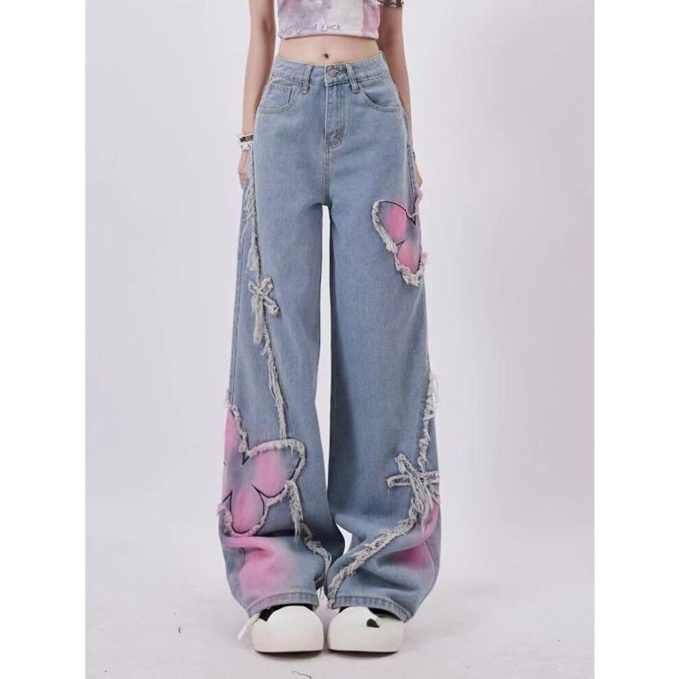 (light blue, M) Women&apos;s Black Gothic Baggy Jeans Harajuku Y2k Aesthetic Butterfly Denim Trousers Korean Jean Pants Vintage 2000s Trashy Clothes