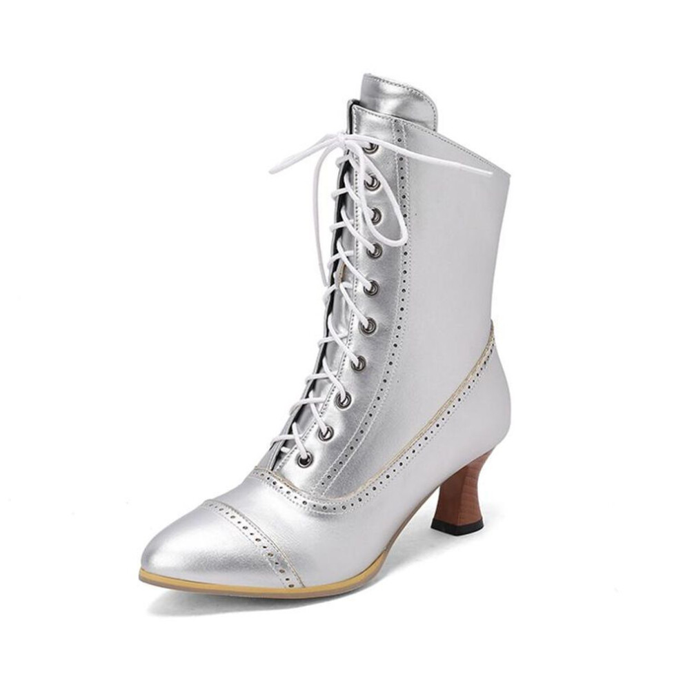 (silver, 34) ANNYMOLI Women Ankle Short Boots Pointed Toe Block High Heels Lace-up Zipper Combat Boots Ladies Fashion Shoes Winter White 46