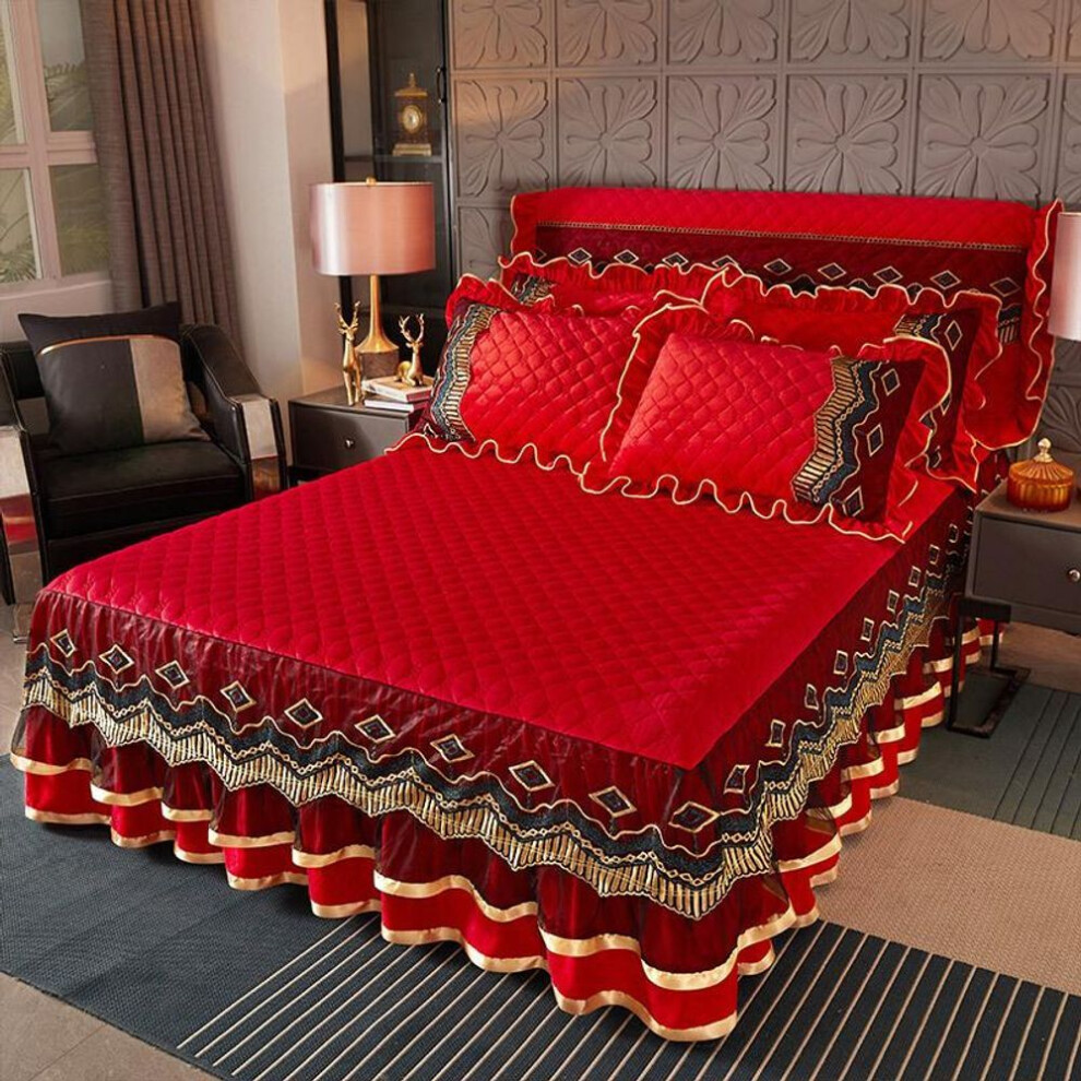 (red, 200*220cm) Family Bedroom Princess Lace Quilted Bedspread Luxury Bedspread Skirt Lace Bedspread Skirt Lining Thick Skirt