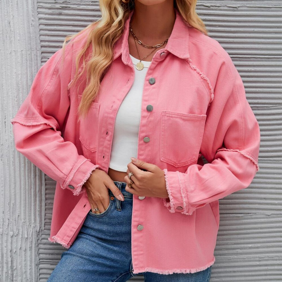 (pink, M) YYFS Women&apos;s Fashion Denim Casual Autumn Winter Solid Color Print Long Sleeve POLO Neck Blouses & Shirts Top Jacket
