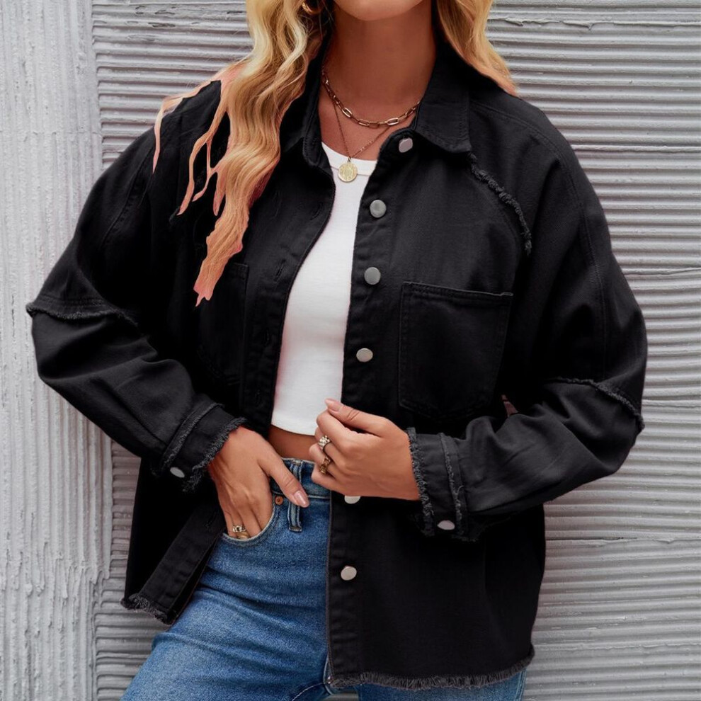 (black, L) YYFS Women&apos;s Fashion Denim Casual Autumn Winter Solid Color Print Long Sleeve POLO Neck Blouses & Shirts Top Jacket