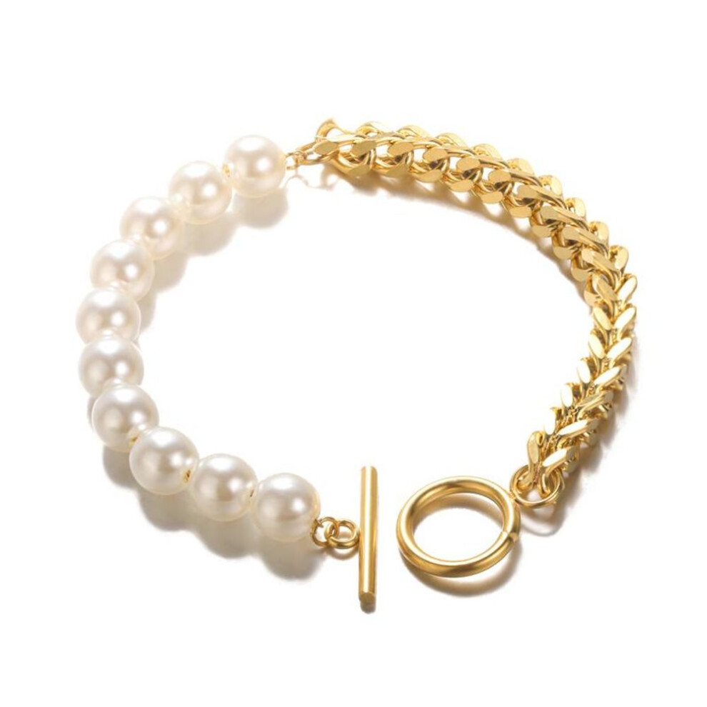 (Gold) Cuban Chain Pearl Bracelets For Women Handmade Stainless Steel Heart Pendant Bracelets Wedding Party Boho Jewelry Gifts
