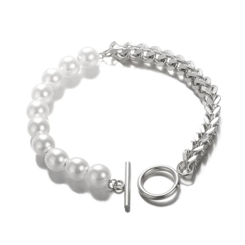 (Silver) Cuban Chain Pearl Bracelets For Women Handmade Stainless Steel Heart Pendant Bracelets Wedding Party Boho Jewelry Gifts