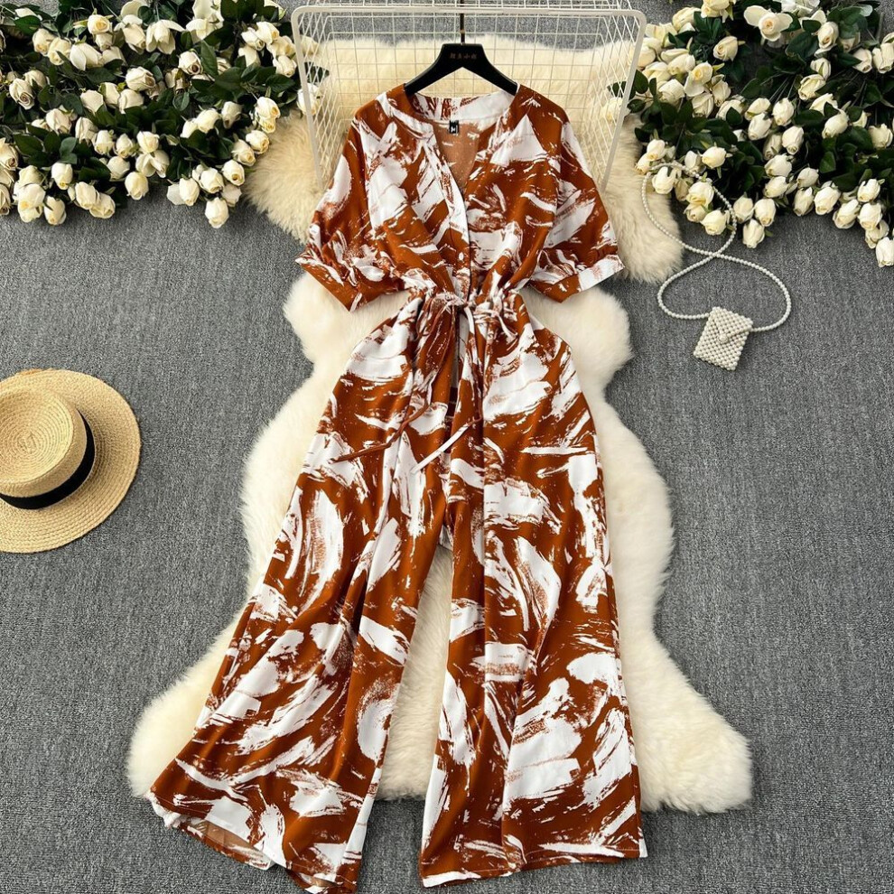 (coffee, One Size) Summer Casual Women Printed Wide Leg Jumpsuit Female V-Neck Short Sleeve High Waist Draped Loose Romper New Fashion
