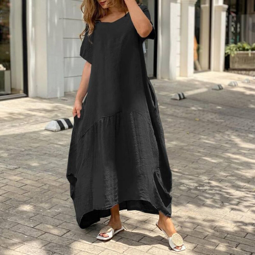 (black, XXXL) Spring and Summer Literary Loose Large Size Cotton Linen Long Dresses Dresses