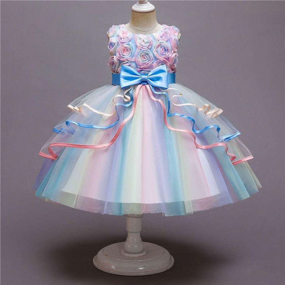 (light blue, 130cm) Kids Dress for Girls Flower Appliques Ball Gown Little Girl Princess Dresses Elegant Party Costumes Children Clothing