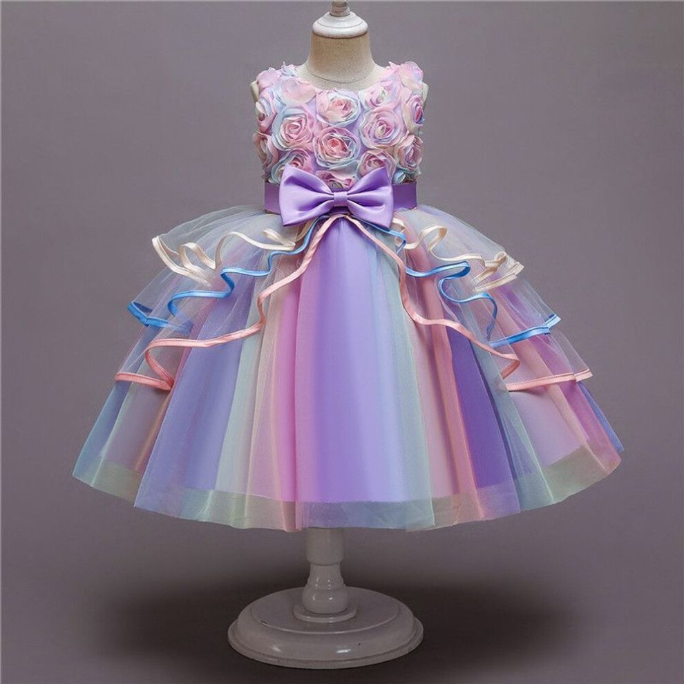 (violet, 140cm) Kids Dress for Girls Flower Appliques Ball Gown Little Girl Princess Dresses Elegant Party Costumes Children Clothing