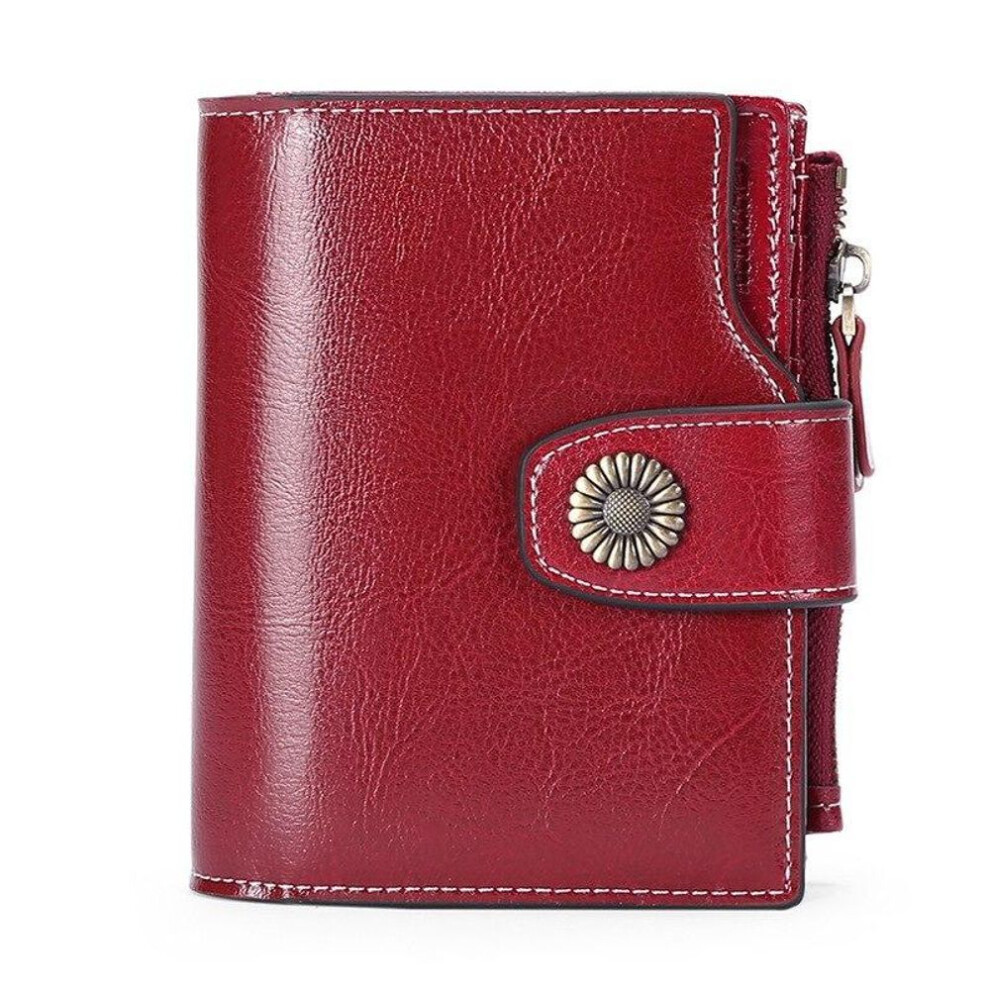(wine red) Women&apos;s Leather Wallet Short RFID Protection Fashion Buckle Clutch Bag Girl Coin Purse Multi-function Card Holder