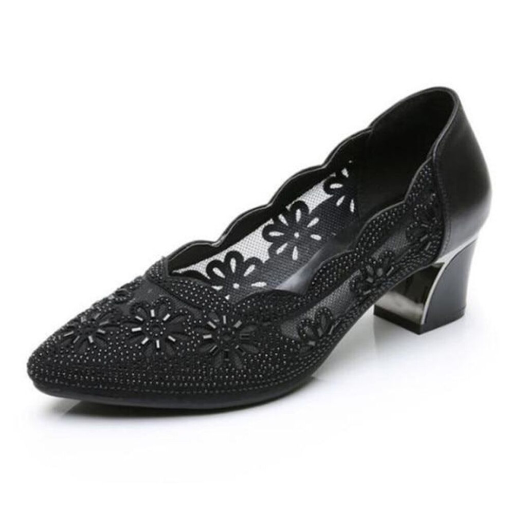 (black, 39) Comemore Summer Fashion Loafers Genuine Leather Pumps Women Luxury Medium Heel High Heels Mesh Ladies Office Shoes Sandals