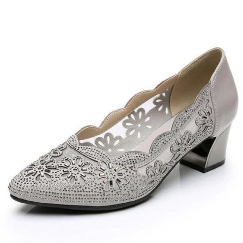 (gray, 40) Comemore Summer Fashion Loafers Genuine Leather Pumps Women Luxury Medium Heel High Heels Mesh Ladies Office Shoes Sandals
